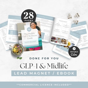 May include: A 28-page digital wellness guide titled The Midlife GLP-1 Wellness Guide, featuring light blue and white layouts, text, and imagery. The set includes multiple document pages, a small bowl of herbs, and metal binder clips, editable in Canva.