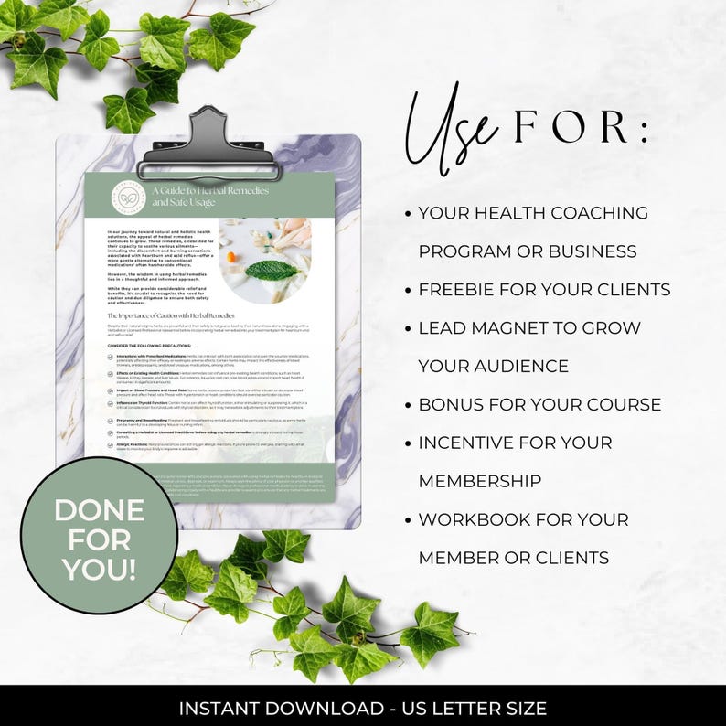 Herbal Remedies & Safe Usage
Lead Magnet / Guide / Client Handout
Canva Editable Template
Commercial License Included
3 Pages
