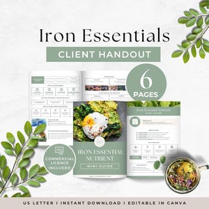 May include: A six-page Iron Essentials client handout digital guide featuring text, charts, and food photography. The document includes sections on iron-rich foods, supplement types, and absorption tips, with a commercial licence included.