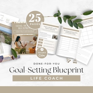May include: A 25-page printable goal-setting blueprint for life coaches. The cover features a photo of two women sitting on a couch and talking. The text "GOAL-SETTING BLUEPRINT" is in a bold, white font on a brown background. The text "DONE-FOR-YOU LIFE COACH" is in a white font on a brown background.