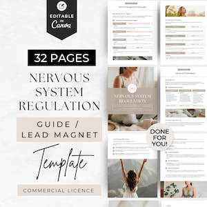 Puede incluir: Una guía de 32 páginas titulada "Regulación del sistema nervioso" con las palabras "Guía / Imán principal Plantilla" y "Licencia comercial" debajo. La guía presenta un fondo marrón claro con texto blanco e imágenes de mujeres practicando yoga y meditación.
