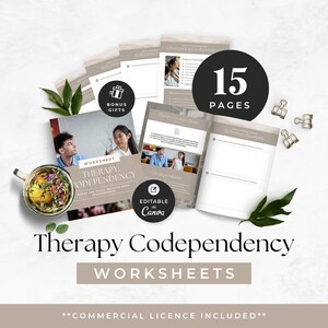 Könnte beinhalten: Ein 15-seitiges Arbeitsblatt-Set zur therapeutischen Co-Abhängigkeit mit neutralen Layouts, Reflexionsfragen und Anleitungstexten. Das Set enthält ein Deckblatt, mehrere Innenseiten sowie kreisförmige Abzeichen mit der Aufschrift Bonus Gifts und Editable in Canva.