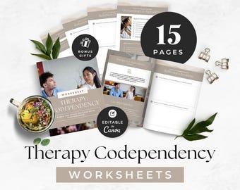 May include: A 15-page therapy codependency worksheet set featuring neutral-toned layouts, reflection questions, and instructional text. The collection includes a cover page, multiple internal pages, and circular badges labeled Bonus Gifts and Editable in Canva.