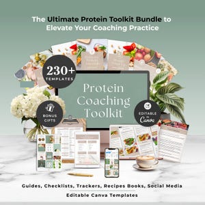 May include: A digital marketing bundle for protein coaching, featuring a computer monitor, smartphone, and various print materials. The image includes the text "Protein Coaching Toolkit" and "230+ Templates". Additional text includes "Bonus Gifts" and "Editable in Canva".