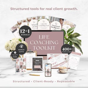 May include: A life coaching toolkit bundle featuring a computer monitor, tablet, and smartphone displaying digital templates. The set includes 12-in-1 resources, 400+ templates, bonus gifts, and editable Canva files. Text reads: Structured tools for real client growth.