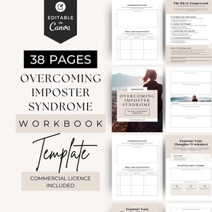 May include: A 38-page workbook template titled Overcoming Imposter Syndrome, featuring editable Canva layouts. The document includes sections for visualization exercises, daily achievement practice, and the REAL framework for confidence building.