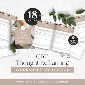 May include: A collection of 18 CBT Thought Reframing worksheets featuring a neutral color palette with floral accents. The pages include sections for Fortune Telling and Mind Reading exercises, with an editable Canva badge and a commercial license note.