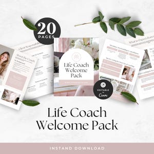 Puede incluir: Un paquete de bienvenida para Life Coach de 20 páginas, con un diseño rosa pálido y blanco. El paquete incluye documentos con texto e imágenes, y las palabras "Life Coach Welcome Pack" se muestran de forma destacada. El diseño es editable en Canva.