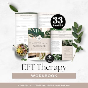 Puede incluir: Un cuaderno abierto titulado "The EFT Practice Workbook" con 33 páginas, con hojas de trabajo e información sobre la terapia EFT. La portada tiene un diseño botánico. Las palabras "EFT Therapy" y "Workbook" se muestran de forma destacada.