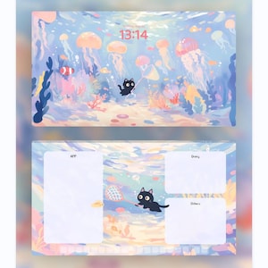 Könnte beinhalten: Ein zweiteiliges Schreibtischmatten-Set mit einer Unterwasserszene mit Quallen, einer schwarzen Katze und einem Clownfisch. Die obere Matte zeigt die Uhrzeit 13:14. Die untere Matte hat Abschnitte für Apps, Erledigungen und Sonstiges.