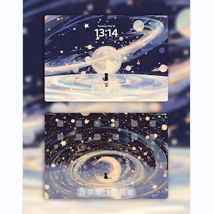 May include: A digital illustration of a tablet screen featuring a celestial design. The top screen displays a moon, stars, and a cat silhouette, with the time 13:14. The bottom screen shows a similar design with a crescent moon and a cat silhouette.