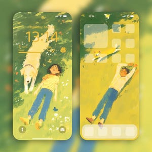 Relaxing Summer iPhone Wallpaper Set | Couple with Dog in Nature | 4K Digital Download for iPhone | Aesthetic Spring Green Home Screen