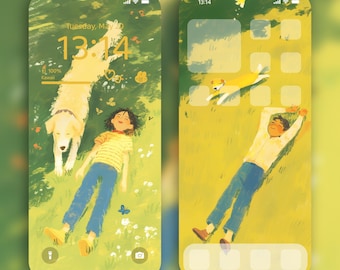 Relaxing Summer iPhone Wallpaper Set | Couple with Dog in Nature | 4K Digital Download for iPhone | Aesthetic Spring Green Home Screen