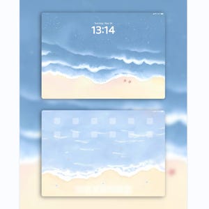 Puede incluir: Dos pantallas de tableta digital que muestran un fondo de pantalla con temática de playa. La pantalla superior muestra un cielo azul, olas del océano y arena, con la hora 13:14 y la fecha martes 20 de mayo. La pantalla inferior muestra una escena de playa similar.