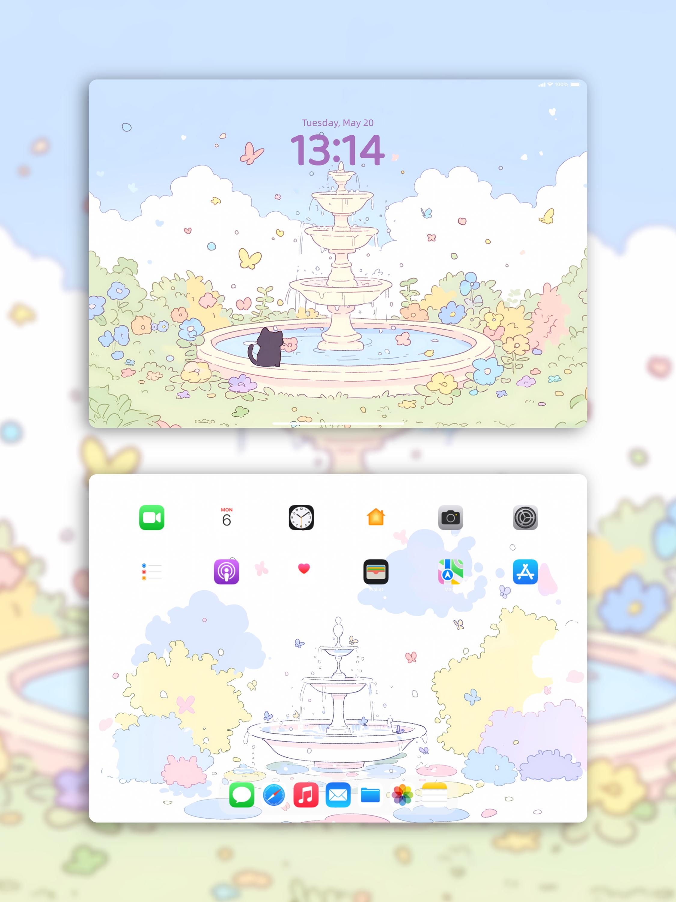 Cute Black Cat iPad Wallpaper Set | Kawaii Fountain Garden With Flowers ...