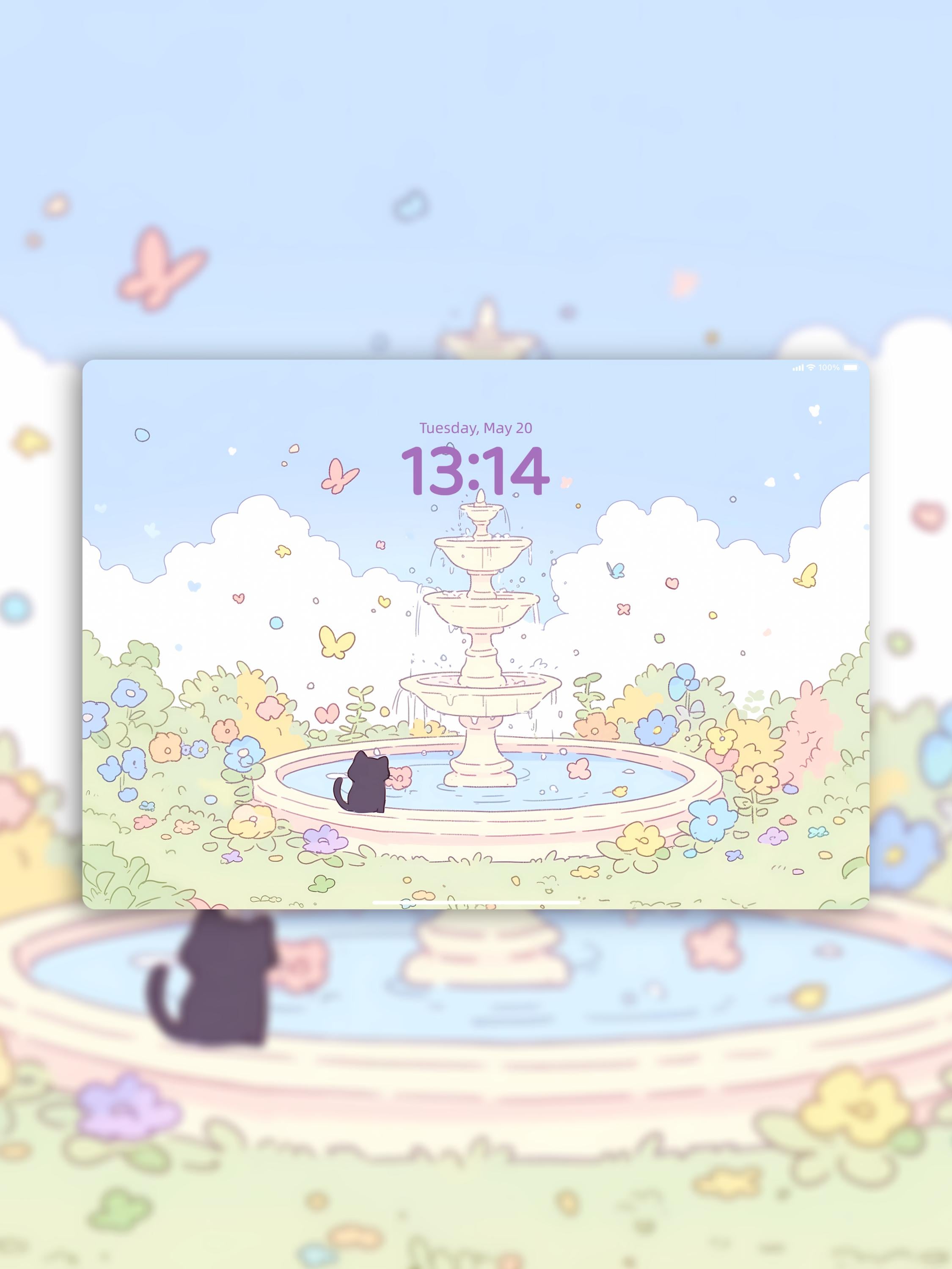 Cute Black Cat iPad Wallpaper Set | Kawaii Fountain Garden With Flowers ...