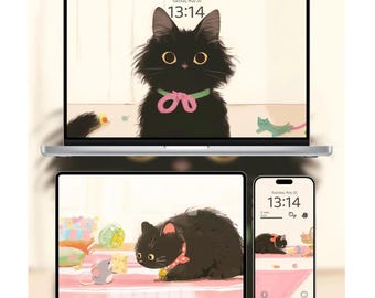 Schattige zwarte kat digitale achtergrondset | Cosy Playroom Art voor iPad, MacBook en iPhone | Schattige kat esthetiek | 4K-download voor kattenliefhebbers