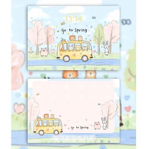 Lindo fondo de pantalla de animales primaverales para iPad / Adorable autobús de dibujos animados kawaii con amigos del bosque / Arte digital estético en colores pastel / Descarga instantánea en 4K