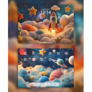 Puede incluir: Una ilustración digital de un cohete volando a través de un cielo estrellado con nubes y planetas. La hora es 13:14 del lunes 20 de mayo.