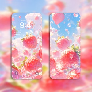 May include: A digital phone screen with a pink and white background. The screen displays a clock with the time 9:41 and the date Monday, June 6. The background features strawberries floating in water with bubbles.