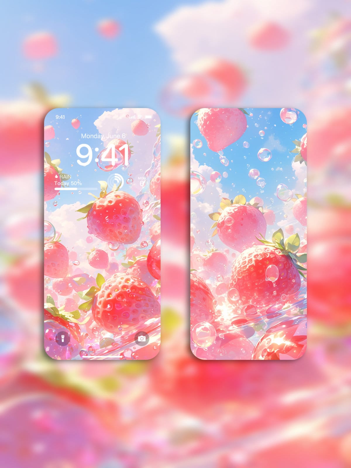 Cute Strawberry Wallpaper Set | 4K Digital Download for iPhone | | Bubble Aesthetic Summer Art | Pastel Pink Home Screen | Cute Aesthetic