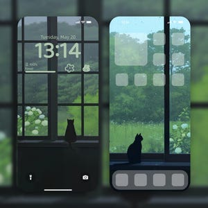 May include: Two smartphone screens showing a digital illustration of a black cat on a windowsill, with a rainy outdoor backdrop. The time 13:14 is displayed, along with the date Tuesday, May 20. The screens have a minimalist, aesthetic design.