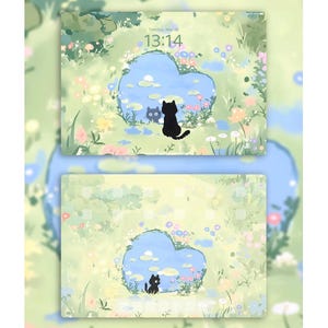 Carino gatto nero in giardino iPad & Macbook Wallpaper Set / Paesaggio di stagno a forma di cuore / Sfondo naturale estetico / Download digitale 4K