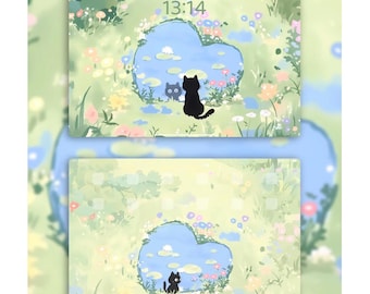 Black Cat Garden iPad Wallpaper: Heart Pond Scenery (4K Digital