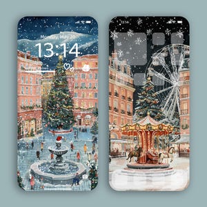 以下が含まれることがあります： 雪が降る冬のクリスマスのシーンが描かれた、携帯電話の画面のモックアップが2つ。最初の電話は、雪が降る街の広場にクリスマスツリー、噴水、13:14を示す時計が表示されています。2番目の電話は、馬と観覧車のあるメリーゴーラウンドが表示されています。