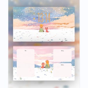 May include: Desktop wallpaper featuring a whimsical illustration of a boy and a fox in a snowy landscape under a sunset sky. The time 13:14 is displayed in gold. The bottom section has file and task sections.