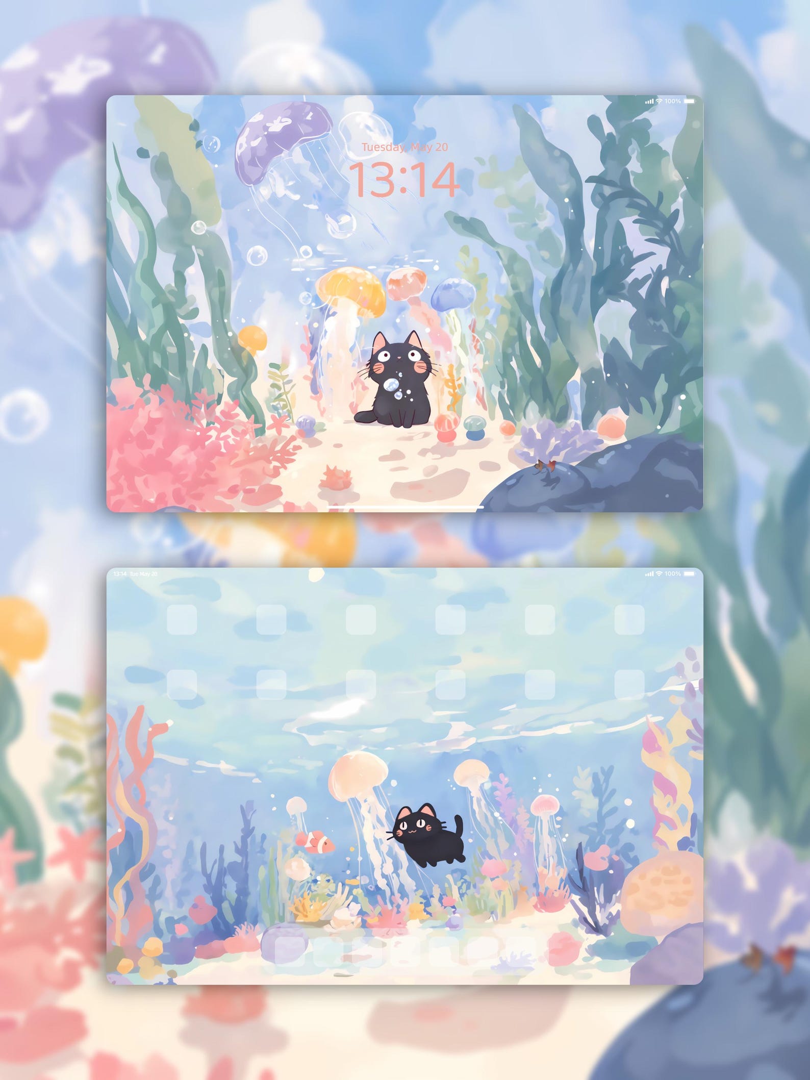 Cute Black Cat Ocean iPad Wallpaper Set | 8K Instant Digital Download ...