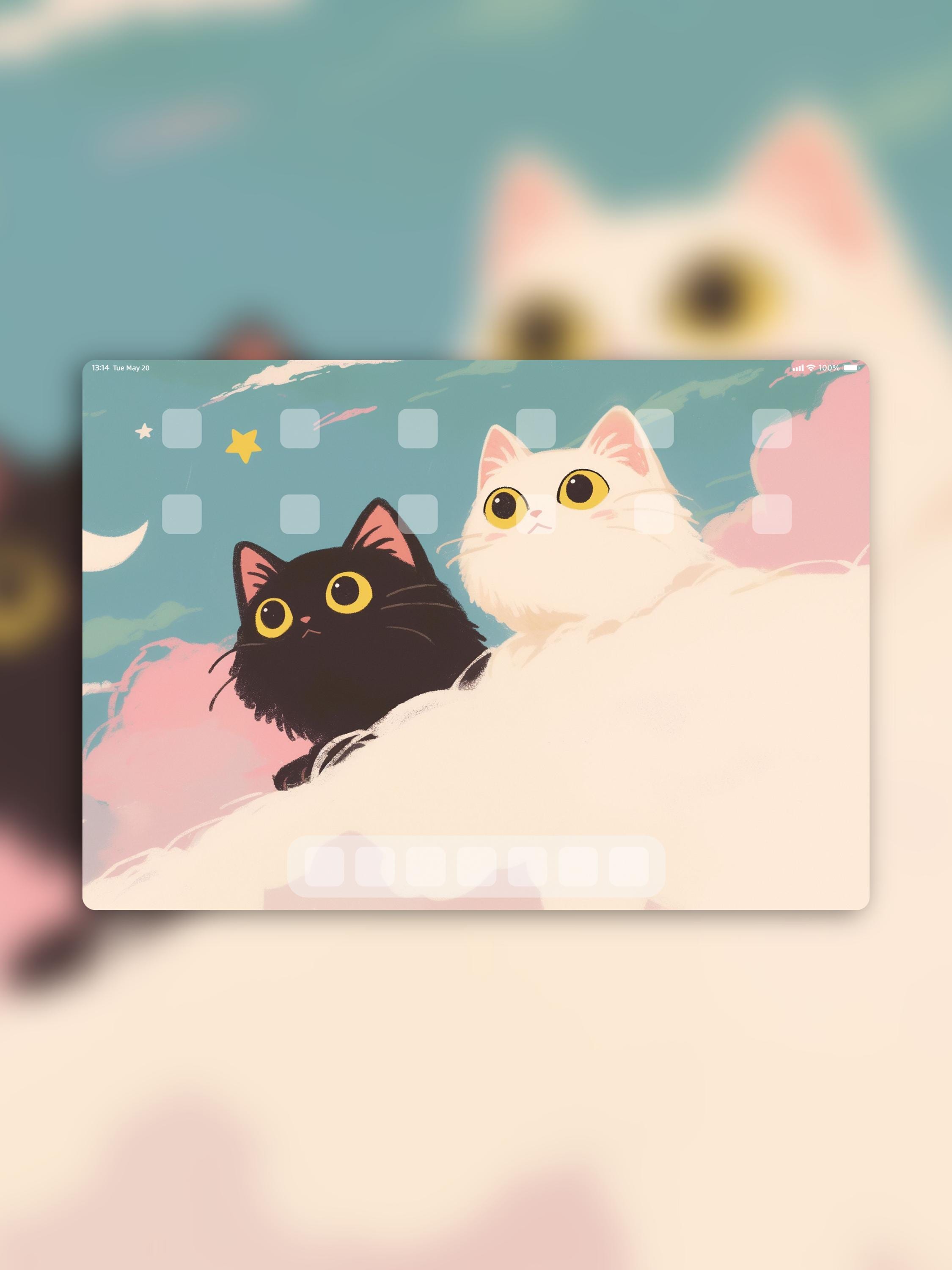 Adorable Black & White Cat iPad Wallpaper Set | Cute Aesthetic Cloud ...