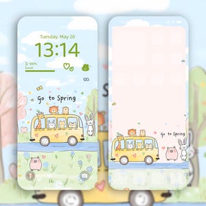 Niedliche Frühling Tiere iPhone Wallpaper | Entzückender Kawaii Cartoon Bus mit Waldfreunden | Pastell Digital Art | 4K Sofortdownload