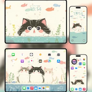 May include: A digital illustration of three white cats with black markings. The cats are sitting in front of a blue pond with green plants and bubbles. The background is a light beige color with a digital clock that reads 13:14.