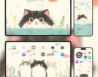 Underwater Cat Wallpaper Set | 4K Digital Download for iPhone, iPad & Mac | Cute Kawaii Background | Ocean Theme | Perfect for Cat Lovers