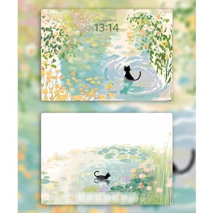 以下が含まれることがあります： 睡蓮のある池の中にいる黒い猫のデジタルイラストが2つあります。上の画像は、緑と青の背景に猫が水の中に座っている様子を表しています。下の画像は、白い背景に猫が水の中を泳いでいる様子を表しています。上の画像には13:14という時間が表示されています。