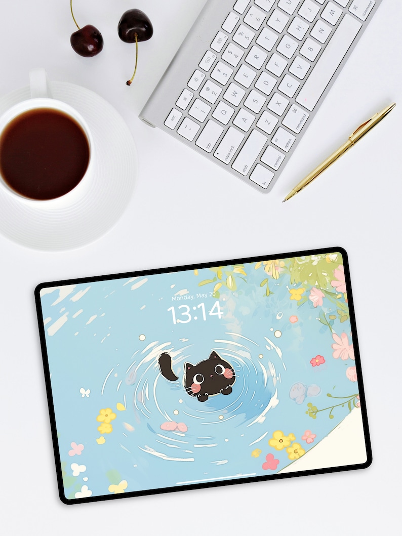 Cute Black Cat in Water iPad Wallpaper | Playful Kitty Digital ...