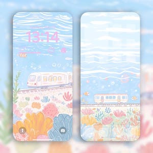 May include: Two phone screens displaying a whimsical underwater scene. A train travels along tracks amidst colorful coral and fish. The time "13:14" is displayed in the upper portion of the left screen. The background is a light blue with a gradient effect.