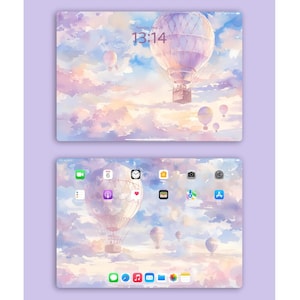 Pastel Hot Air Balloon iPad Wallpaper Set | Digital 4K Instant Download Cloud Sky Background | Aesthetic Home Screen | Dreamy Purple theme