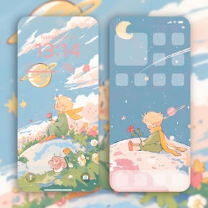 以下が含まれることがあります： 青いピンクの携帯電話の壁紙には、バラを持った星の王子様の漫画のイラストが描かれています。壁紙は、星、惑星、三日月など、幻想的な天体のテーマになっています。