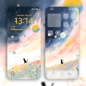 Aesthetic Galaxy Cat iPhone Wallpaper | Cosmic Night Sky with Planets Stars | Dreamy Space | Celestial Universe Theme | 4K Instant Download