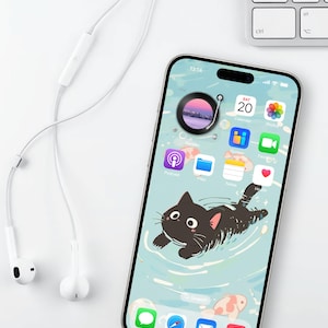 Cute Black Cat Swimming Wallpaper | iPhone 4K Instant Digital Download ...