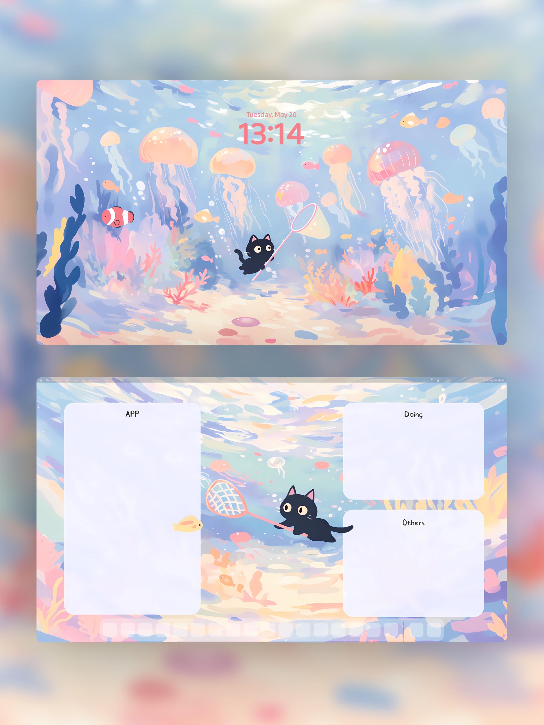 Cute Black Cat Underwater Mac & PC Wallpaper Set | Jellyfish Ocean ...