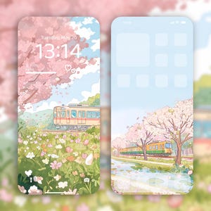Può includere: Due schermate di telefono fittizie con uno sfondo blu chiaro e un treno che viaggia attraverso un campo di fiori di ciliegio rosa. Il telefono a sinistra mostra l'ora 13:14 e la data martedì 20 maggio. Il telefono a destra ha una griglia di icone di app vuote.