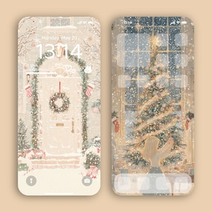 Könnte beinhalten: Eine digitale Illustration eines Telefonbildschirms mit einem winterlichen Feiertagsmotiv. Die linke Seite des Bildschirms zeigt eine verschneite Haustür mit einem Kranz und Weihnachtsdekoration. Die rechte Seite des Bildschirms zeigt ein verschneites Fenster mit einem geschmückten Weihnachtsbaum und einer Person, die davor steht.