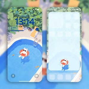 夏の猫のプールのiPhone壁紙 | プールに浮かぶかわいい猫 | 美しいトロピカルチル | クールで爽やかな雰囲気 | 4Kインスタントデジタルダウンロード