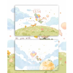 Fondo de pantalla estético de El Principito para iPad / Volando con globos y zorros / Arte de cielo de cuento de hadas de ensueño / Pastel caprichoso / Descarga instantánea 4K