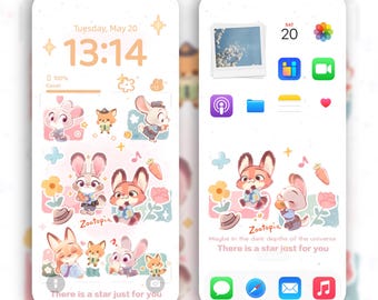 Op Zootopia geïnspireerde iPhone-achtergrond | Digitale achtergrond schattig konijntje en vos | Pastelkleurig esthetisch dierenthema voor telefoons | Directe download in 4K