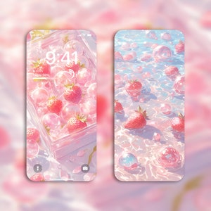 Rosa Erdbeerwasser-Tapeten-Set | 4K Ästhetische Sofort Download Digitale Hintergründe für iPhone | Sommer Vibes | Niedliche Digital Art