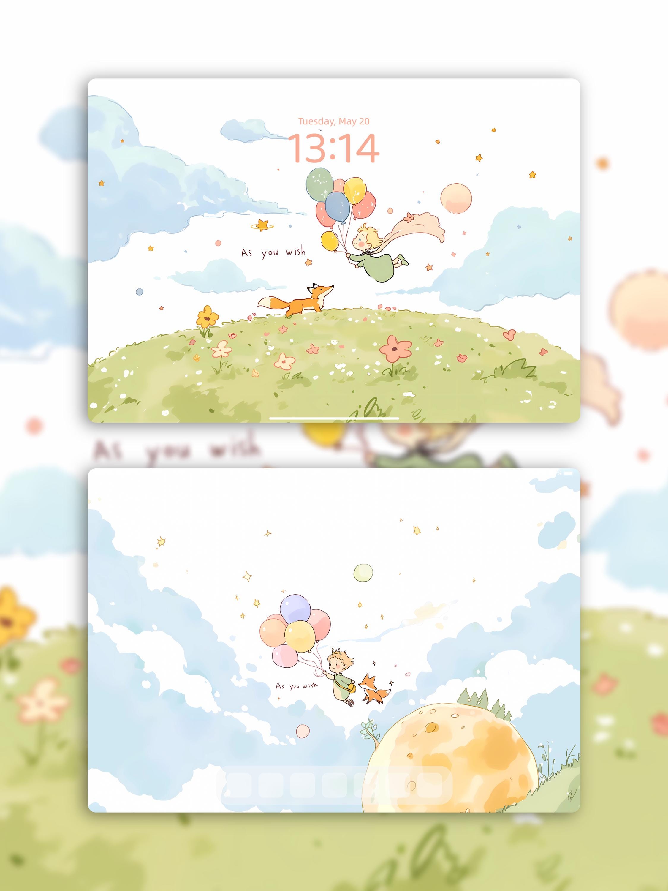 星の王子さま iPad 壁紙: 風船とキツネ、ストーリーブックスカイ (4K